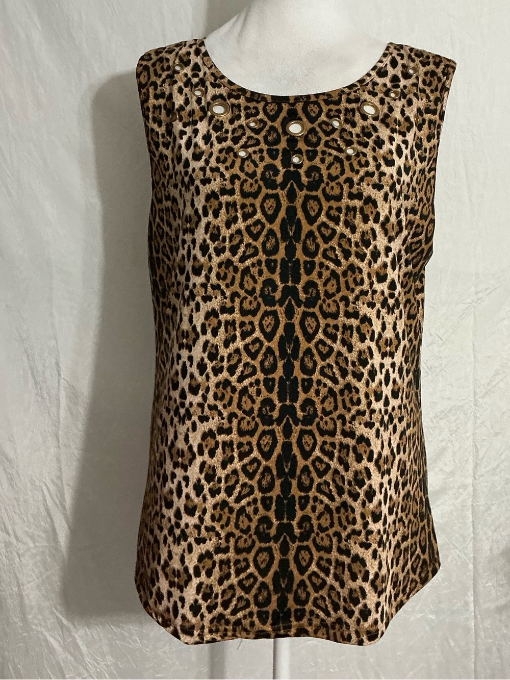 Sleeveless Leopard Print Tank Top with Stud Accent - Brown